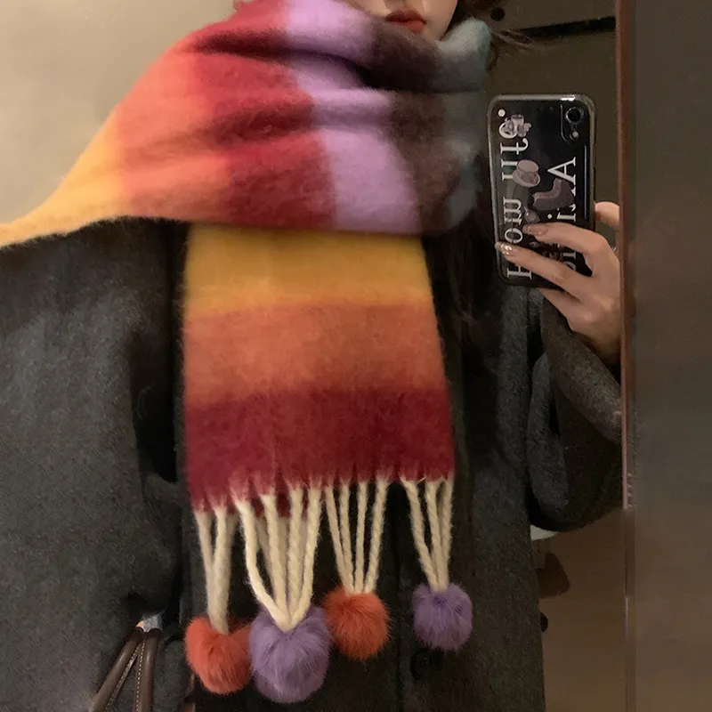 Narandu Fabric Knit Scarves Women's Orange Purple Yellow/Blue Beige Ball-1