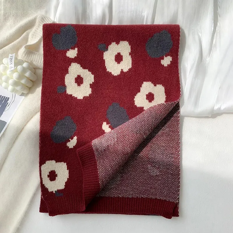 Narandu Polyester Knit Scarves Women's Floral Rich Burgundy-2