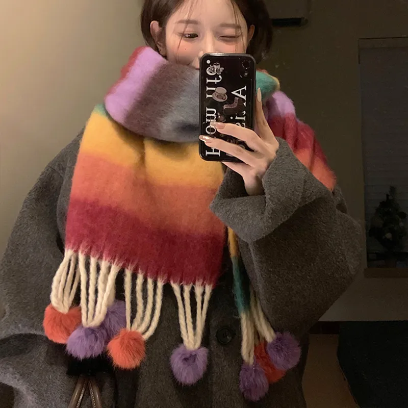 Narandu Fabric Knit Scarves Women's Orange Purple Yellow/Blue Beige Ball-2