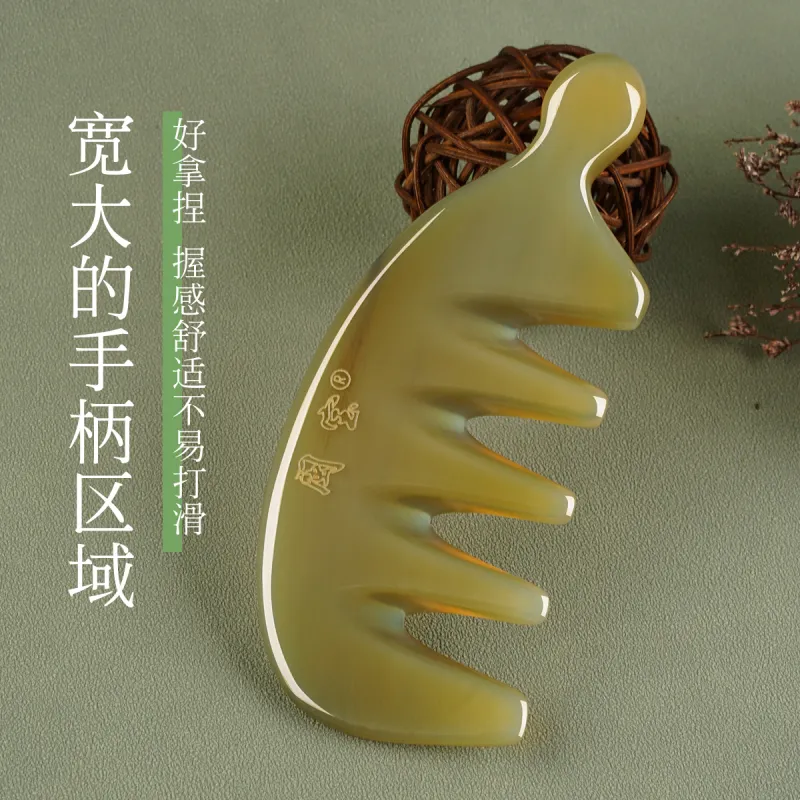 Min Bao White Buffalo Horn With Beads Five Prong Wide Tooth Comb Massage Meridians-2