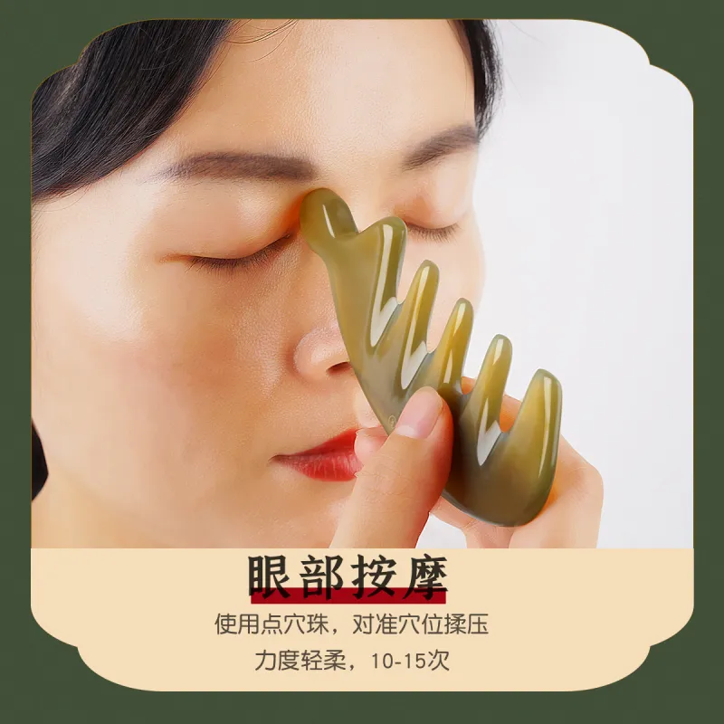 Min Bao White Buffalo Horn With Beads Five Prong Wide Tooth Comb Massage Meridians-7