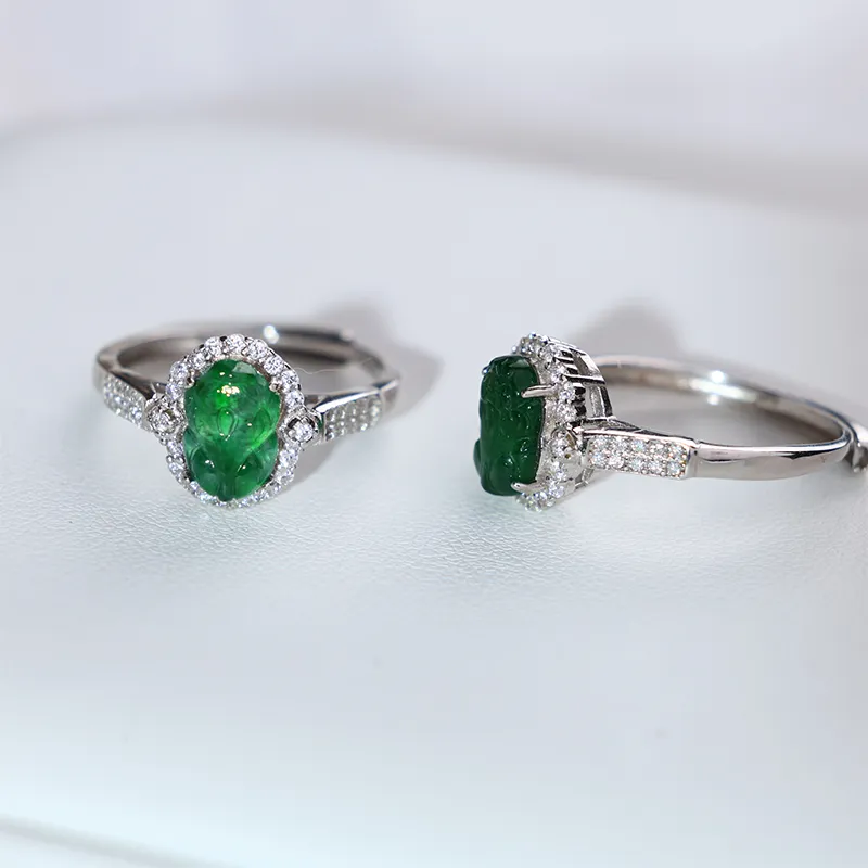 Clear Snow Ice Glutinous Jadeite Auspicious Animal Ring Women's-3