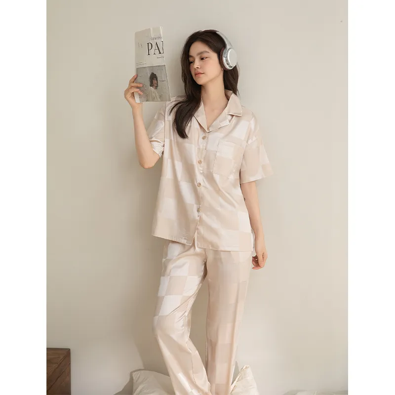 BONAS Pajama Set Women's Solid Color Plaid-6