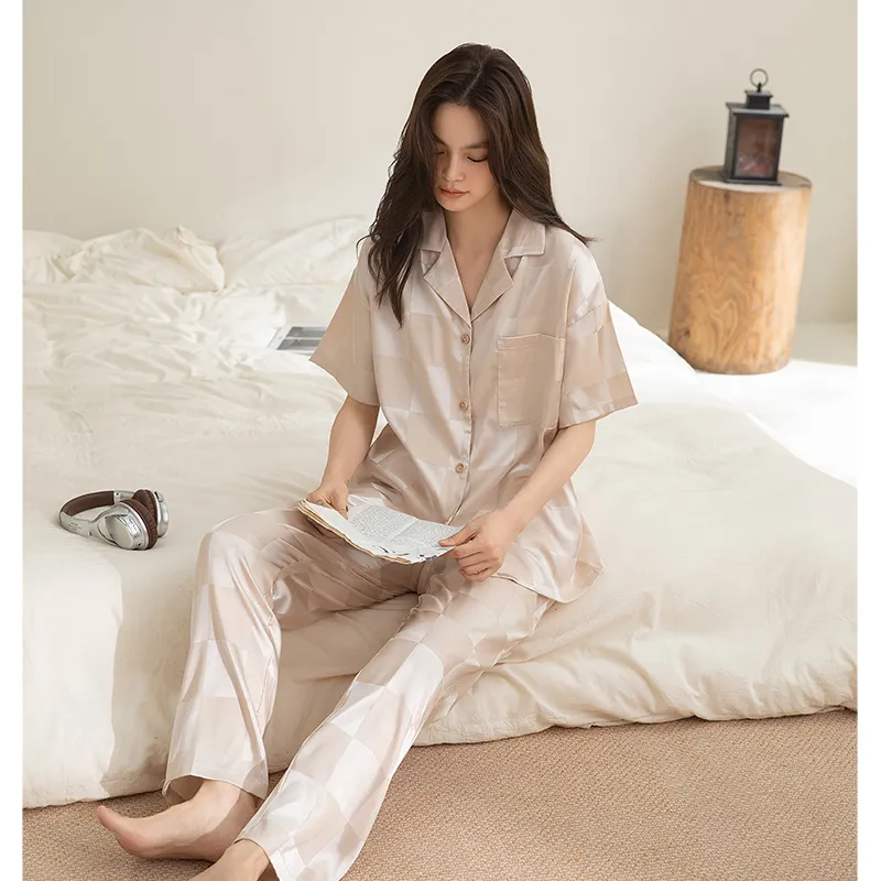 BONAS Pajama Set Women's Solid Color Plaid-4
