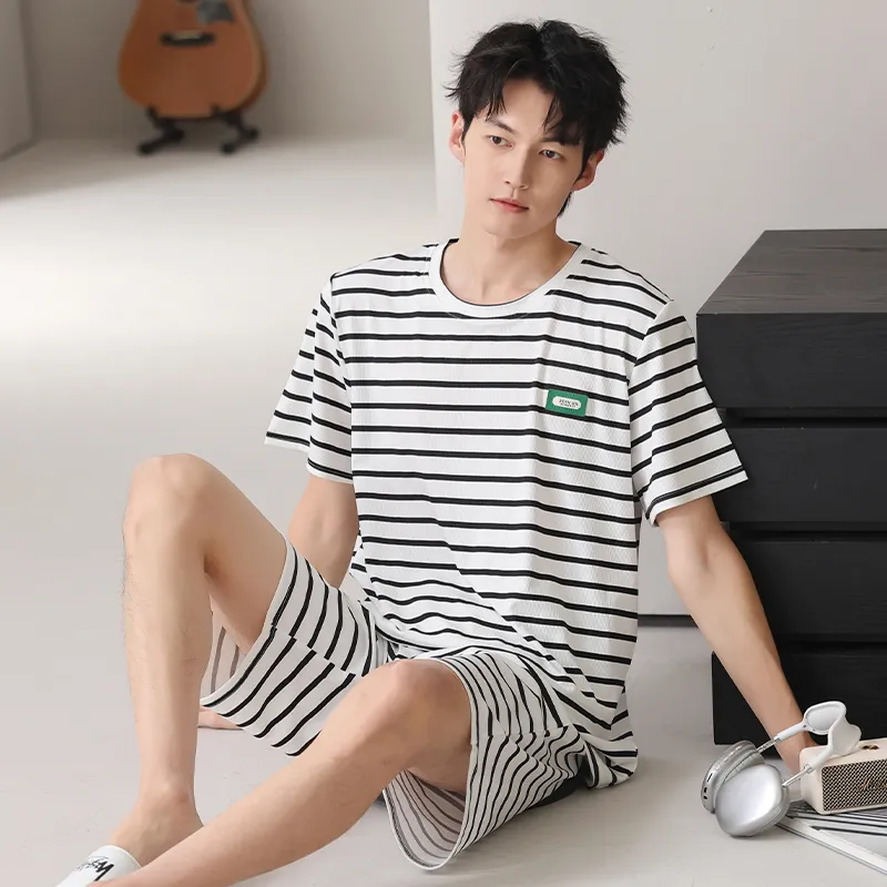 Close fitting Areas Pajama Set Men's White-4
