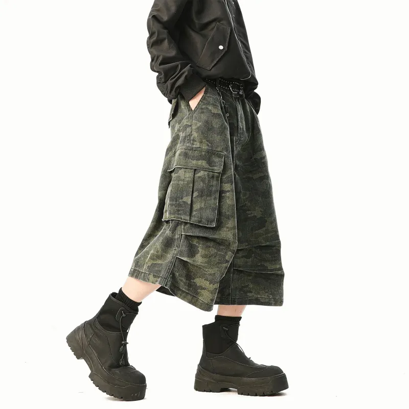 TESTUNG Denim Shorts Unisex Green Camouflage-8