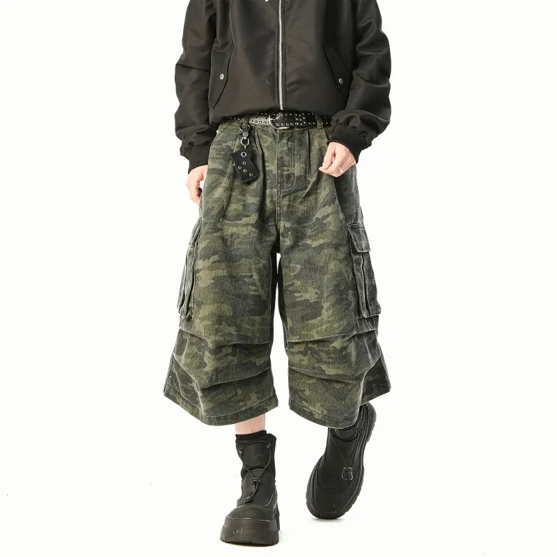 TESTUNG Denim Shorts Unisex Green Camouflage-7