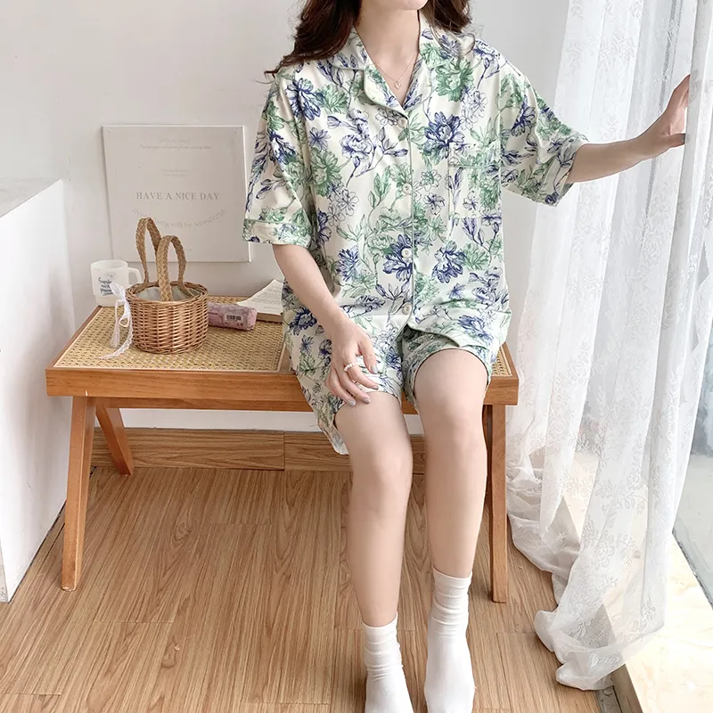 CAIHENGTONG Pajama Set Women's Blue Green Floral-10