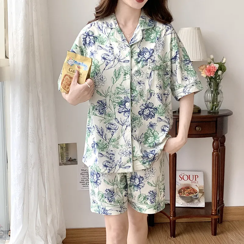 CAIHENGTONG Pajama Set Women's Blue Green Floral-3