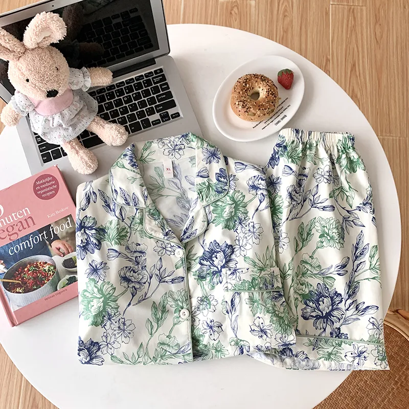CAIHENGTONG Pajama Set Women's Blue Green Floral-14