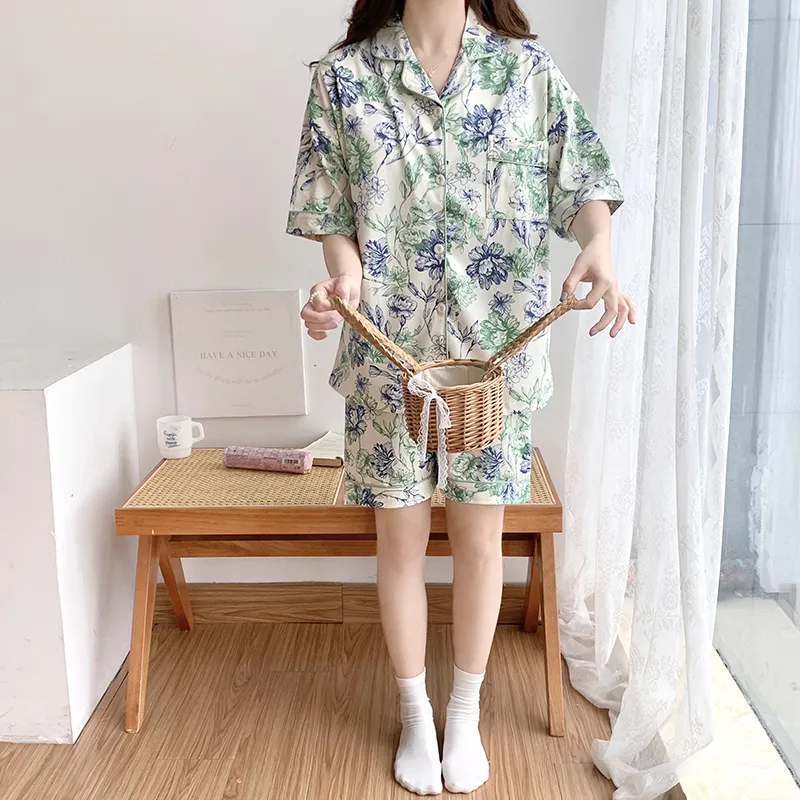CAIHENGTONG Pajama Set Women's Blue Green Floral-9