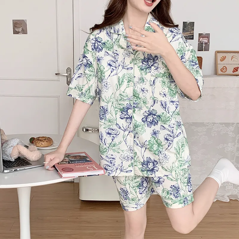 CAIHENGTONG Pajama Set Women's Blue Green Floral-7