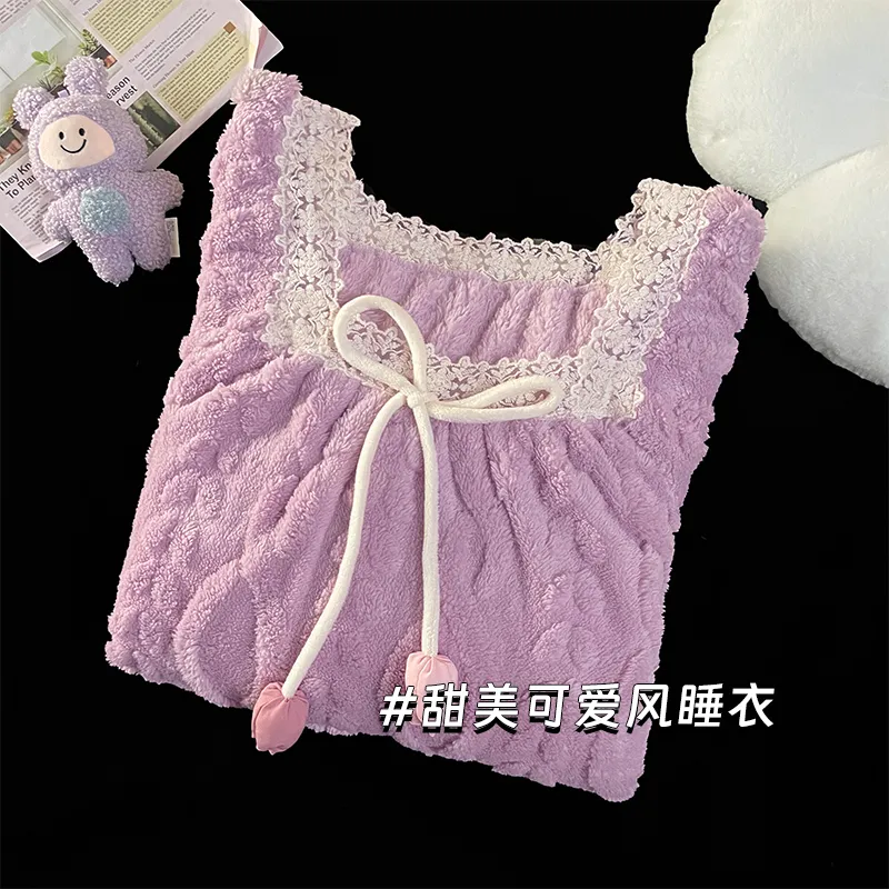 CAIHENGTONG Nightgown Women's Bowknot Floral Purple-2