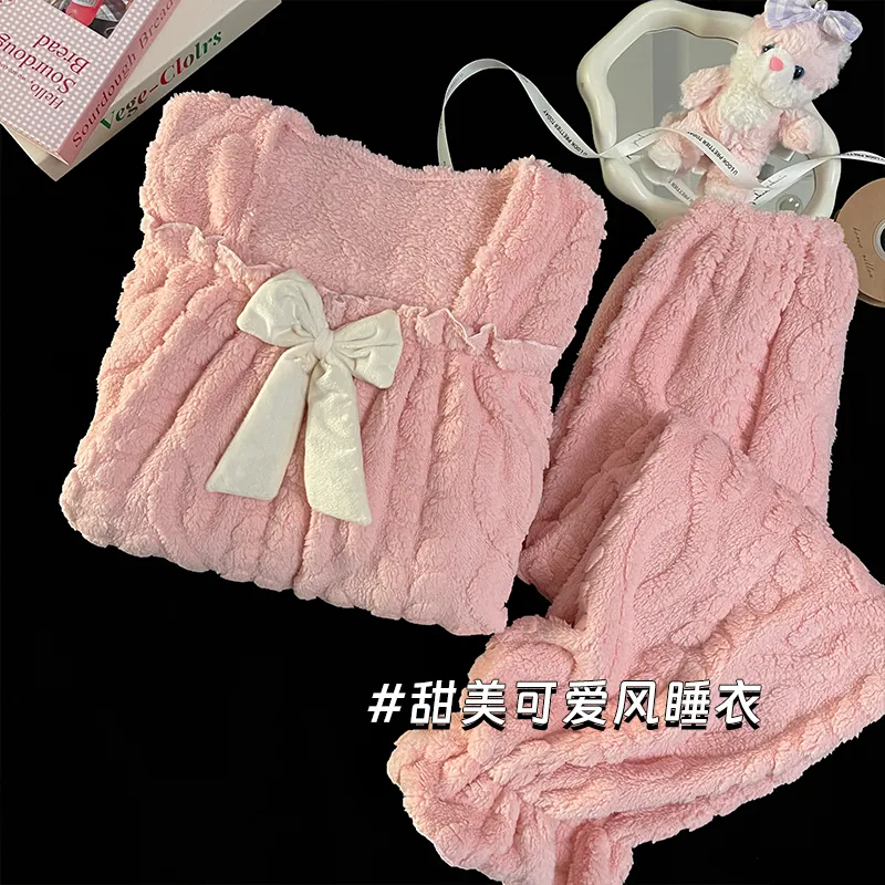 CAIHENGTONG Pajama Set Women's Bowknot Pink-2