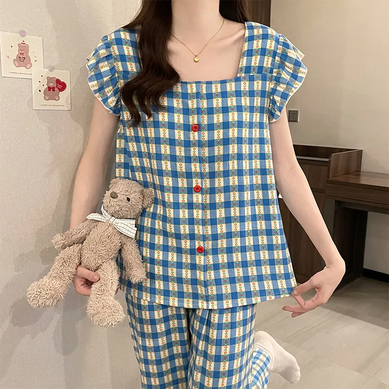CAIHENGTONG Spring Fall And Summer Pajama Set Women's Blue Plaid-4