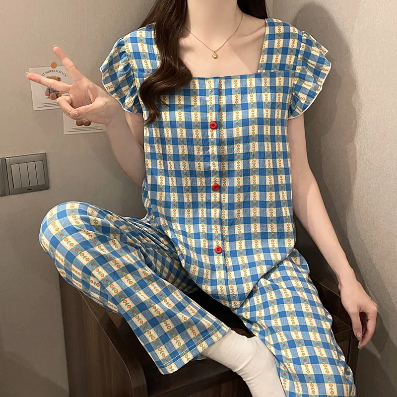 CAIHENGTONG Spring Fall And Summer Pajama Set Women's Blue Plaid-1