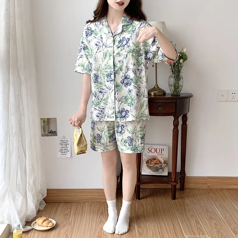 CAIHENGTONG Pajama Set Women's Blue Green Floral-4