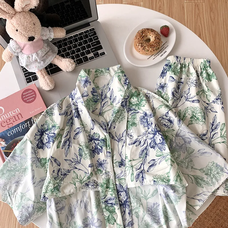 CAIHENGTONG Pajama Set Women's Blue Green Floral-15