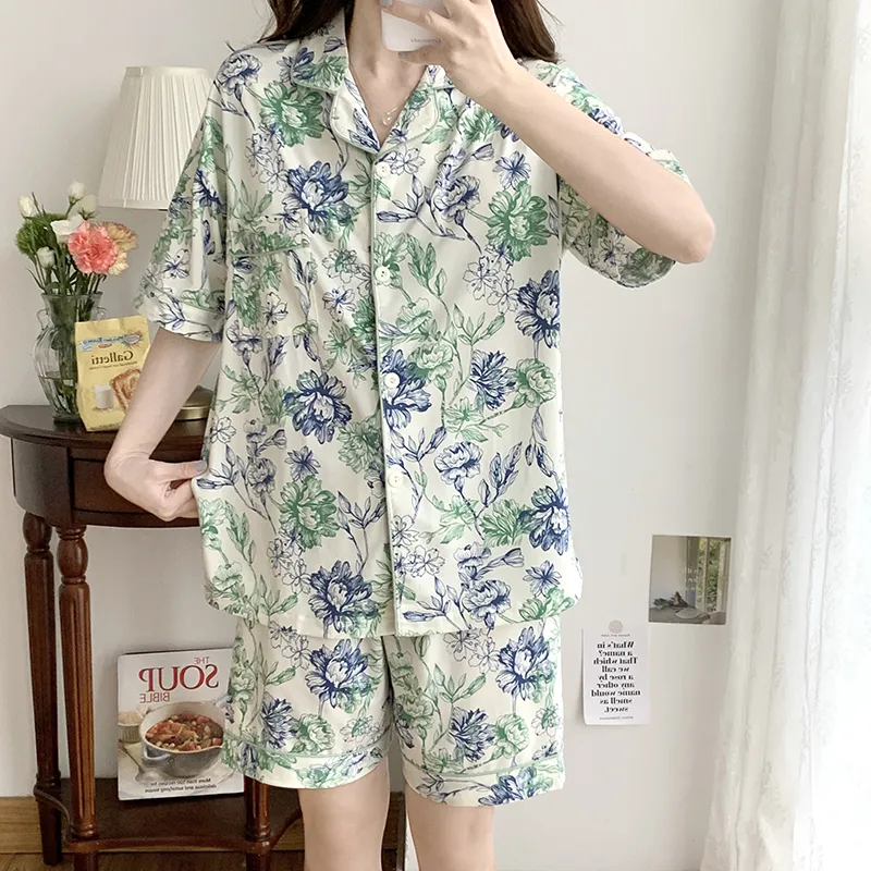 CAIHENGTONG Pajama Set Women's Blue Green Floral-2