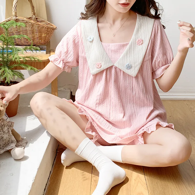 CAIHENGTONG Pajama Set Women's Solid Color Small Flower Pink-3