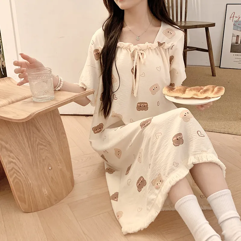 CAIHENGTONG Nightgown Women's Cream Apricot-4