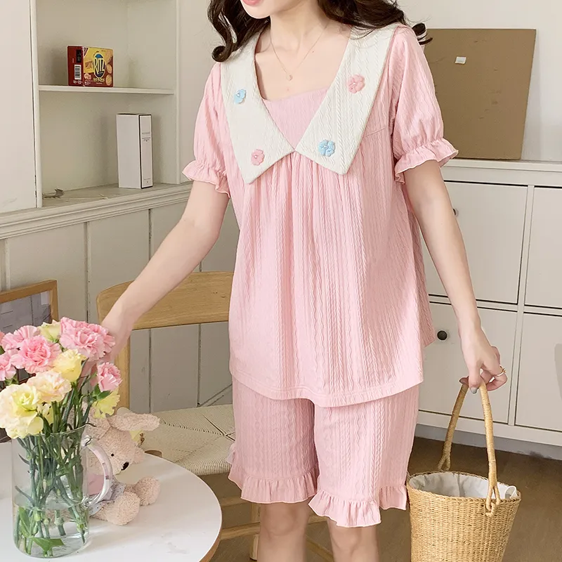 CAIHENGTONG Pajama Set Women's Solid Color Small Flower Pink-5