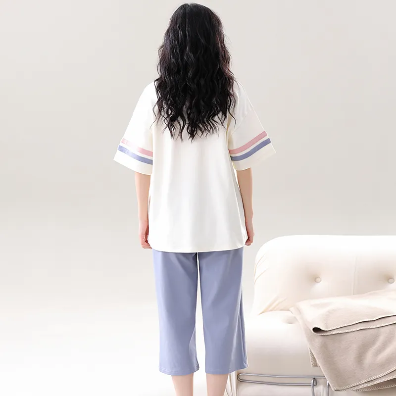 CAIHENGTONG Pajama Set Women's Beige Blue-3