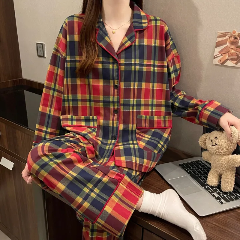 CAIHENGTONG Pajama Set Women's Red Plaid-3