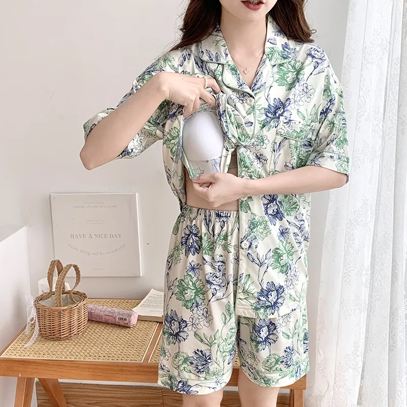 CAIHENGTONG Pajama Set Women's Blue Green Floral-12