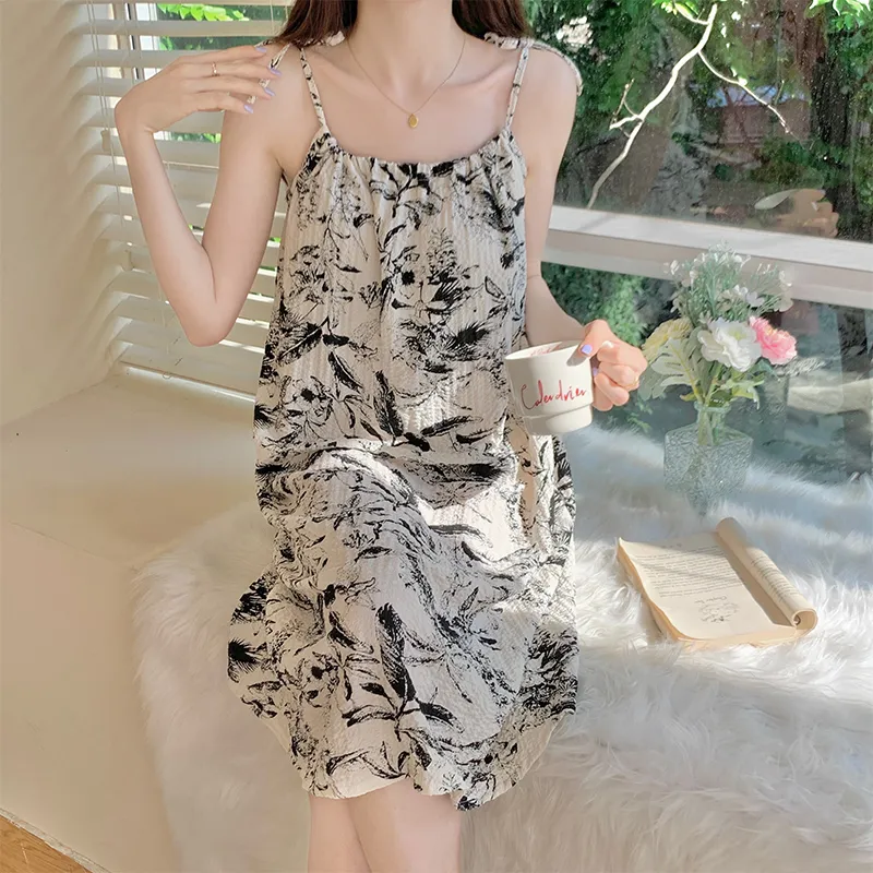 CAIHENGTONG Nightgown Women's Ink Wash Flowers-3