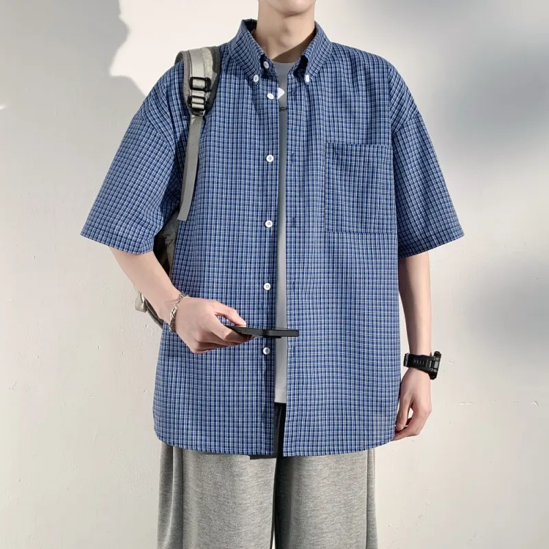 NEAR HERE Shirt Unisex Blue Plaid-8