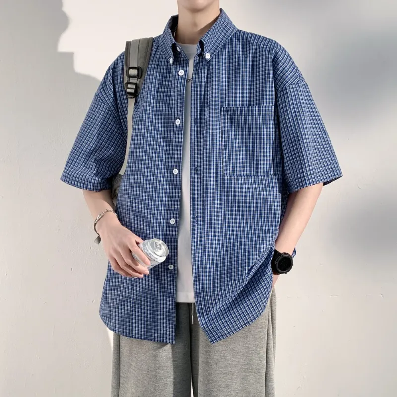 NEAR HERE Shirt Unisex Blue Plaid-4