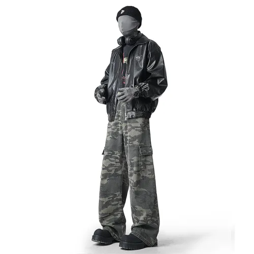 NEAR HERE Jeans Unisex Green Camouflage