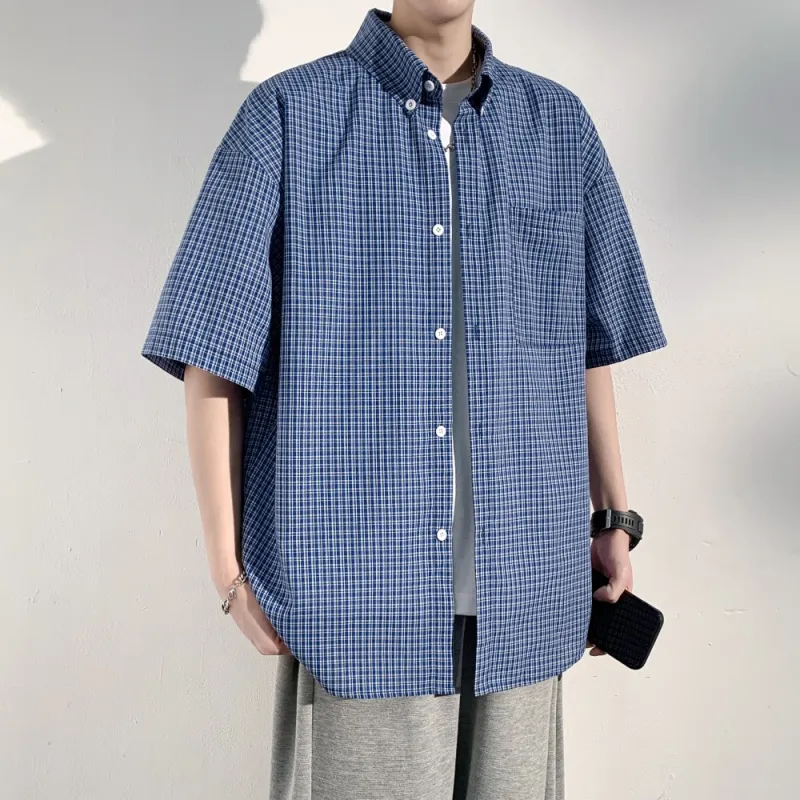 NEAR HERE Shirt Unisex Blue Plaid-10
