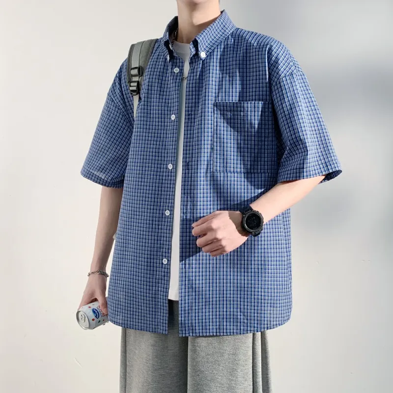 NEAR HERE Shirt Unisex Blue Plaid-6