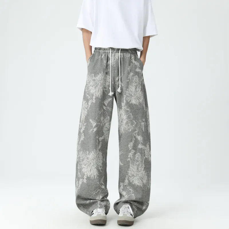 NEAR HERE Casual Pants Unisex Pattern Gray-1