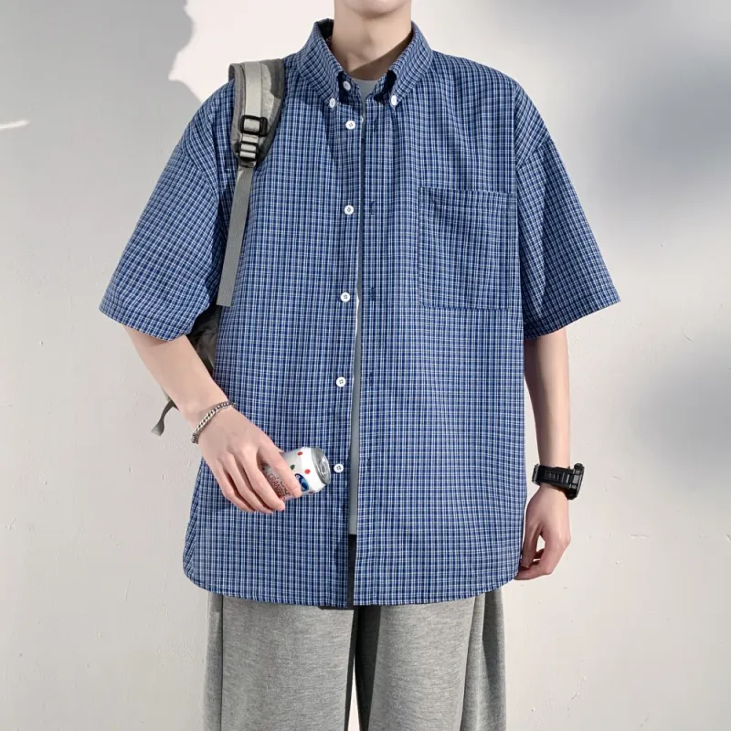 NEAR HERE Shirt Unisex Blue Plaid-1