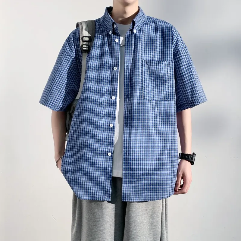 NEAR HERE Shirt Unisex Blue Plaid-7