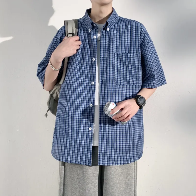 NEAR HERE Shirt Unisex Blue Plaid-3