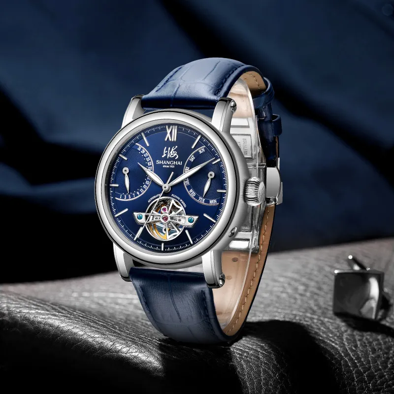 SHANGHAI Automatic Mechanical Movement Leather Strap Chinese Watches Men's Watches White Dial-2