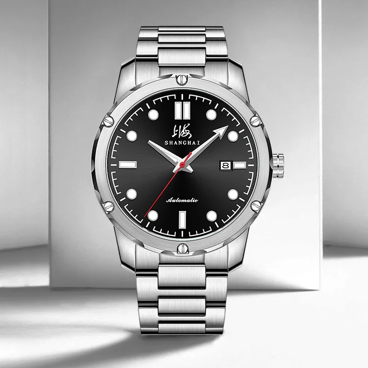 SHANGHAI National Automatic Mechanical Movement Stainless Steel Watchband Watch Men's Watches Black Dial-4