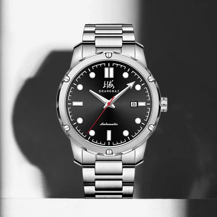 SHANGHAI National Automatic Mechanical Movement Stainless Steel Watchband Watch Men's Watches Black Dial-5