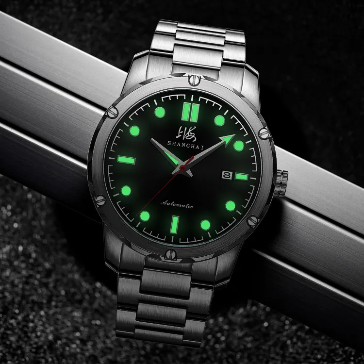 SHANGHAI National Automatic Mechanical Movement Stainless Steel Watchband Watch Men's Watches Black Dial-8
