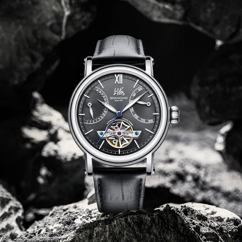 SHANGHAI Automatic Mechanical Movement Leather Strap Chinese Watches Men's Watches White Dial-4