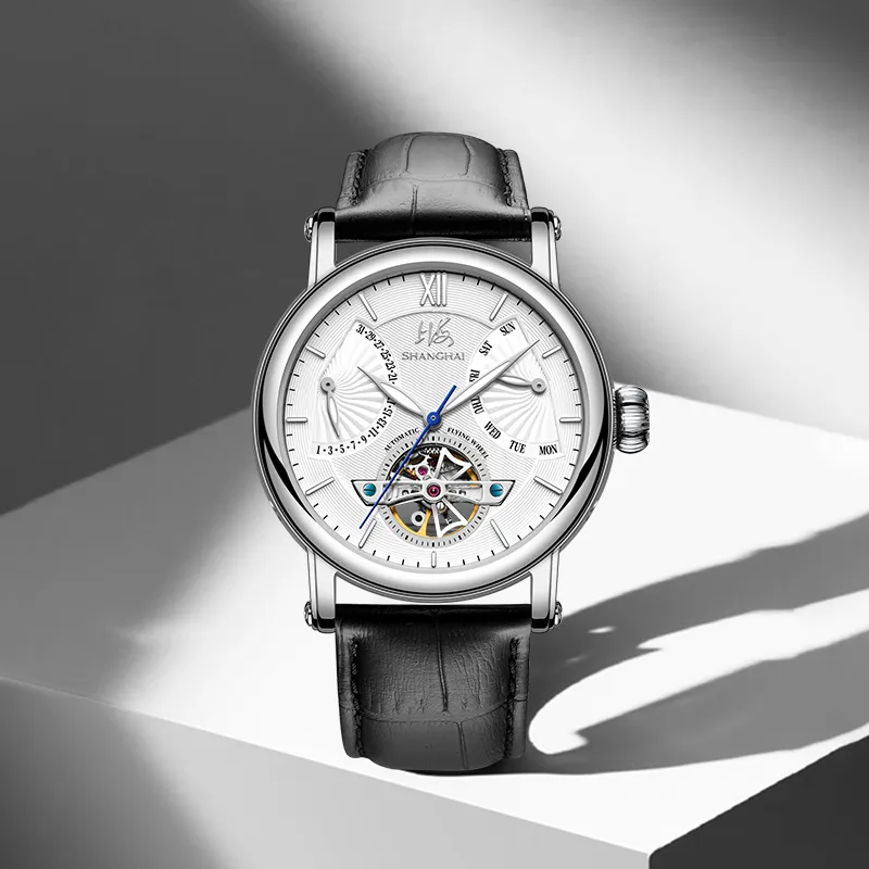 SHANGHAI Automatic Mechanical Movement Leather Strap Chinese Watches Men's Watches White Dial-6