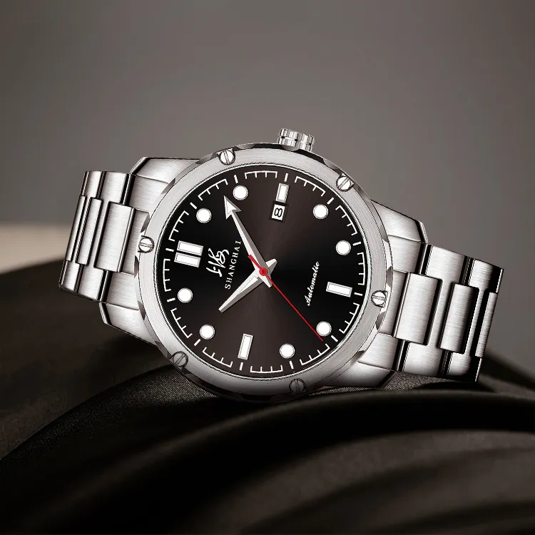 SHANGHAI National Automatic Mechanical Movement Stainless Steel Watchband Watch Men's Watches Black Dial-7