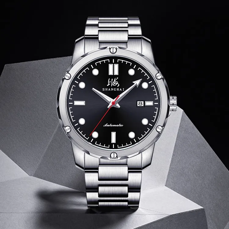 SHANGHAI National Automatic Mechanical Movement Stainless Steel Watchband Watch Men's Watches Black Dial-6