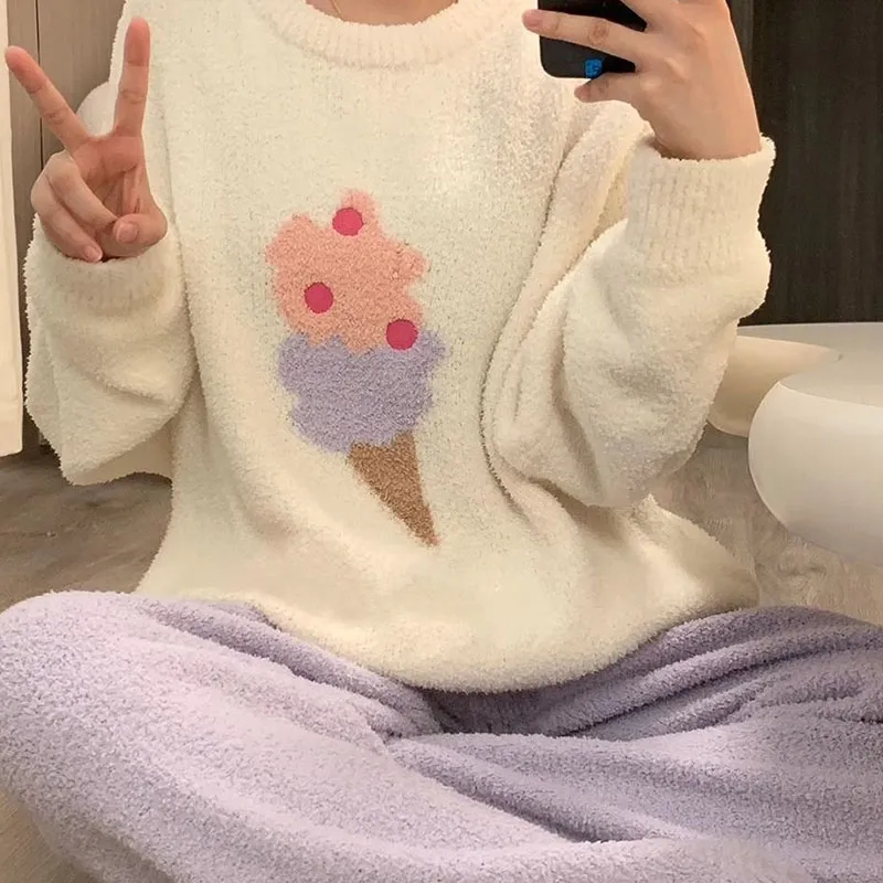 OEING Pajama Set Women's Crew Neck Ice Cream-1