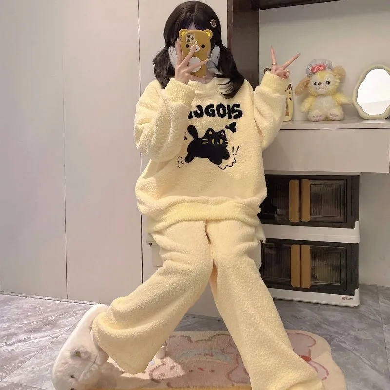OEING Pajama Set Women's Yellow Kitten-4