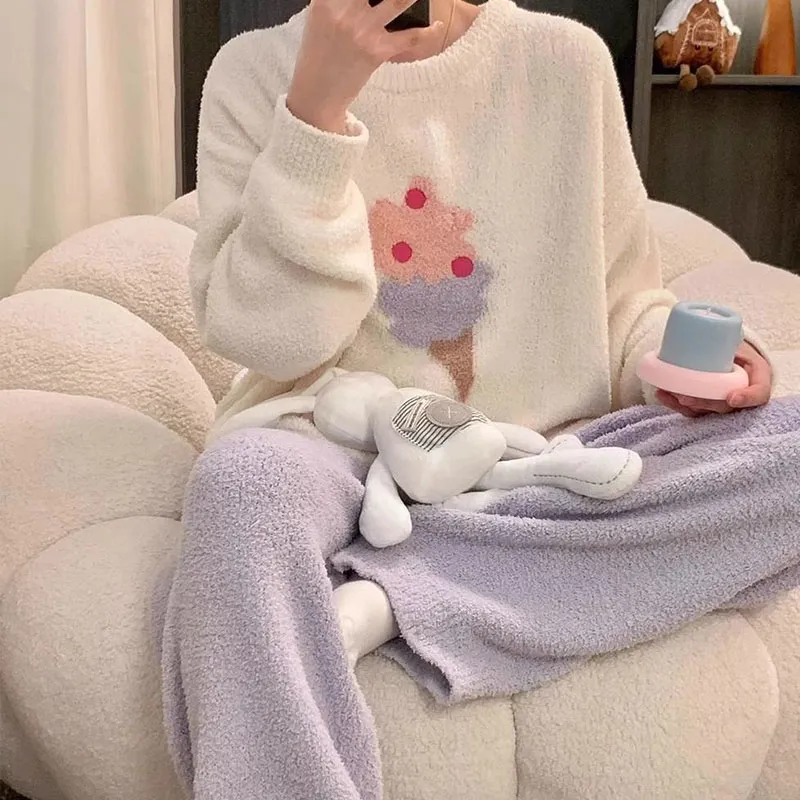 OEING Pajama Set Women's Crew Neck Ice Cream-3